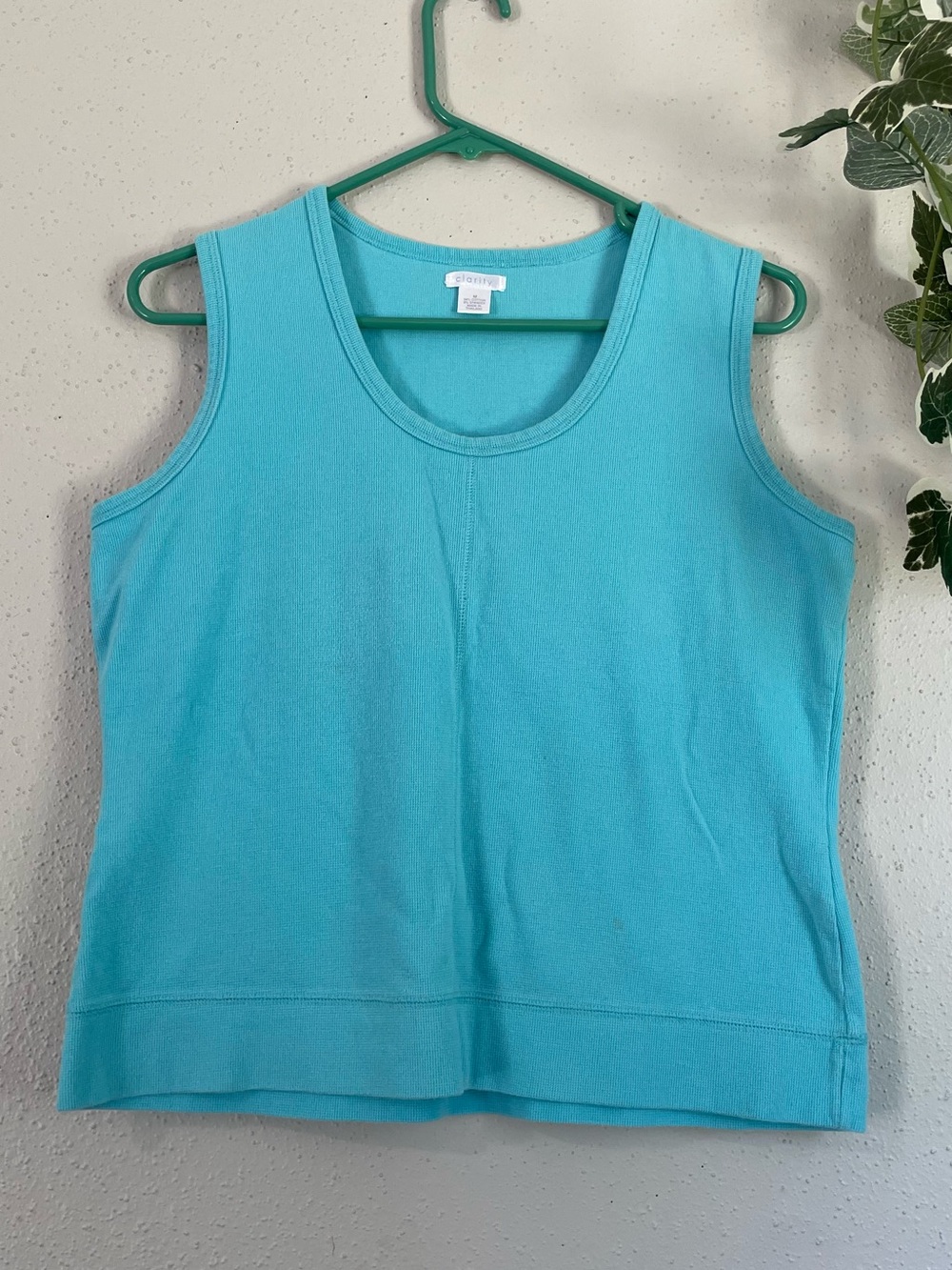 Clarity Tank Top Aqua Teal Ribbed Waffle Cotton Spandex Women Size M Summer